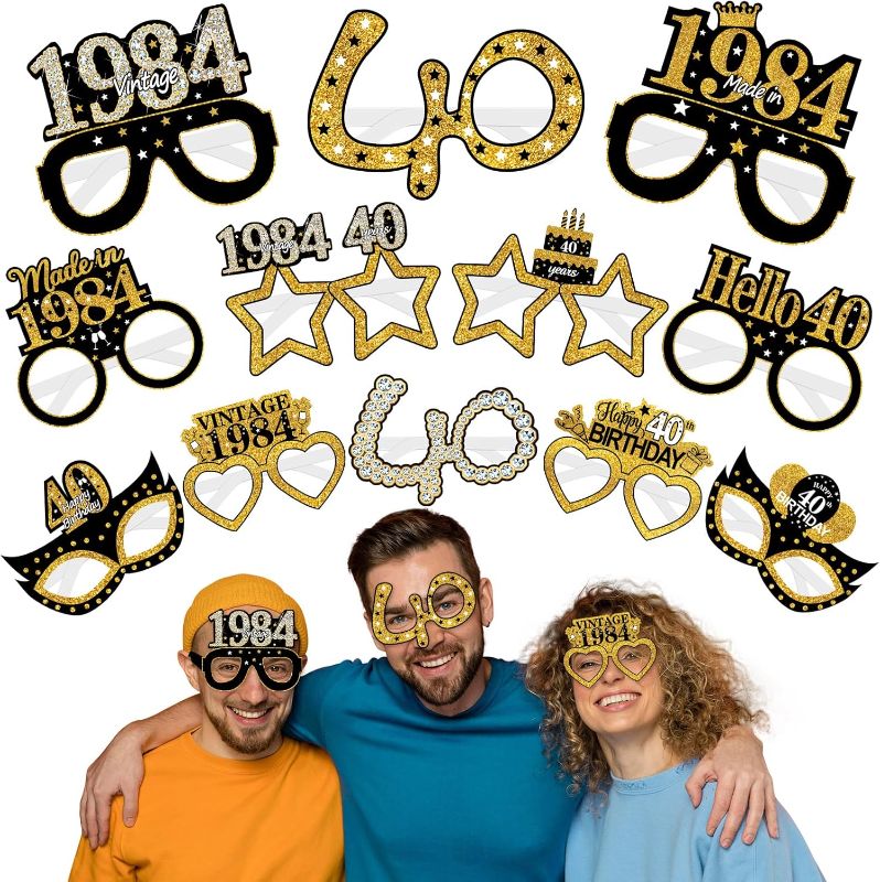 Photo 1 of 24Pcs 1984 40th Birthday Paper Glasses Decorations for Men Women - Black Gold Happy 40th Birthday Paper Eyeglasses Photo Props, Vintage 1984 Forty Years Old Birthday Party Supplies