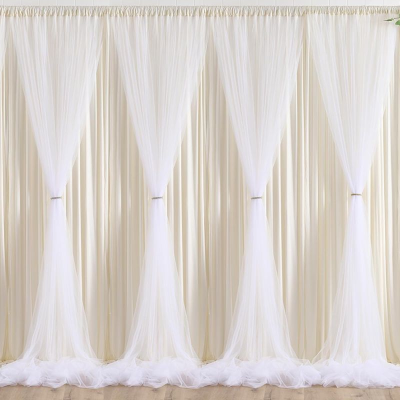 Photo 1 of 30ft x 10ft Wrinkle Free Ivory Backdrop Curtain for Parties, 6 Panels Dual Layer Ivory Tulle Drapes, Polyester Photo Backdrop Drapes for Wedding Birthday Party Photography Background