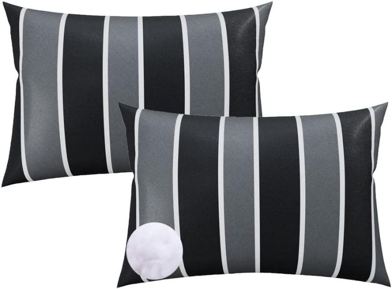 Photo 1 of Black and white 4 Pack Outdoor Indoor Lumbar Pillow 12"x20"Waterproof patio oblong Throw Pillows Pillow Contains Recycled Polyester Fill,UV Resistant,colored stripes throw for Patio Furniture Garden Decorative Pillow 