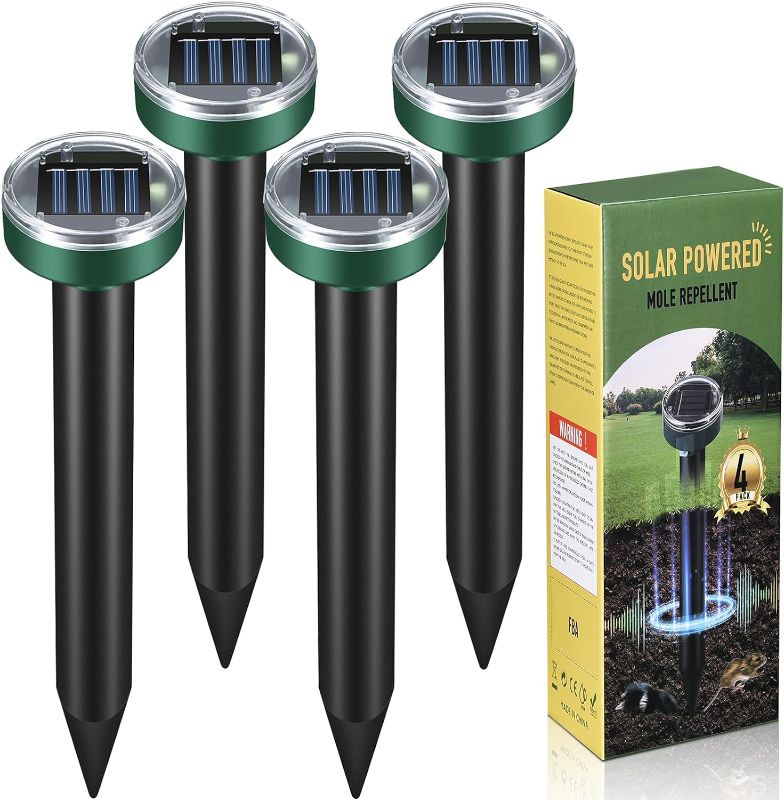 Photo 1 of Mole Repellent Solar Powered Gopher Repellent Ultrasonic Solar Powered Sonic Mole Deterrent Stakes, Snake Groundhog Repellent for Yard, Garden, Lawn (4 Pack)