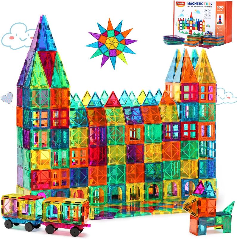 Photo 1 of Gemmicc Magnetic Tiles Building Blocks for Kids, STEM Approved Educational Toys,3D Magnet Puzzles Stacking Blocks for Boys Girls,100 PCS Advanced Set with 2 Cars