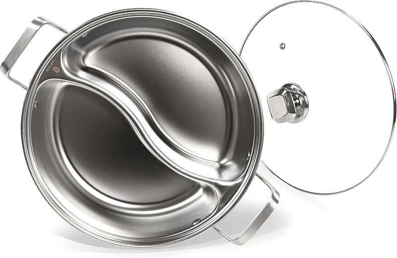 Photo 1 of Stainless Steel Pot with Divider,Weldless Hot Pot,Two-Flavor Soup Pot Shabu Shabu Pot,Induction Cookware with Toughened Glass Lid,12 inch,4.6-Quart,Silver