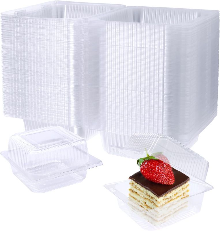 Photo 1 of 100 Pack Clear Plastic Square Hinged Food Container,Disposable Plastic To Go Containers with Clear Lids,Cake Slice Containers Clamshell Takeout Tray for Pastry,Salad,Dessert(5.1"x 4.7"x 2.8")