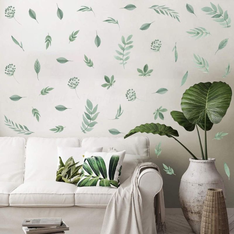 Photo 1 of IARTTOP Green Leaf Wall Decal, Watercolor Leaves Wall Sticker, Peel and Sticker Botanical Leaf Wall Decals for Bedroom Living Room Wall Decoration