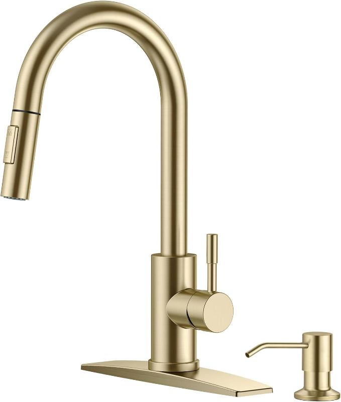 Photo 1 of FORIOUS Kitchen Faucet with Soap Dispenser, Gold Kitchen Faucet with Pull Down Sprayer, Stainless Steel Brushed Gold Kitchen Sink Faucet, Champagne Gold Sing Handle Faucet for 1 or 3 Hole Install