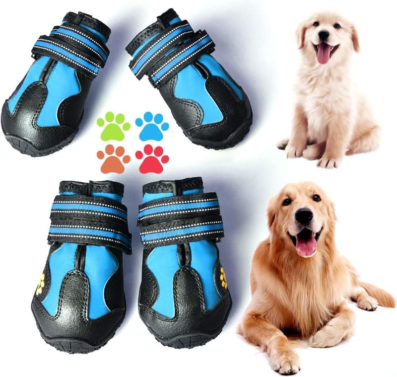 Photo 1 of Dog Boots for Dogs Non-Slip, Waterproof Dog Booties for Outdoor, Dog Shoes for Medium to Large Dogs 4Pcs with Rugged Sole Black-Blue