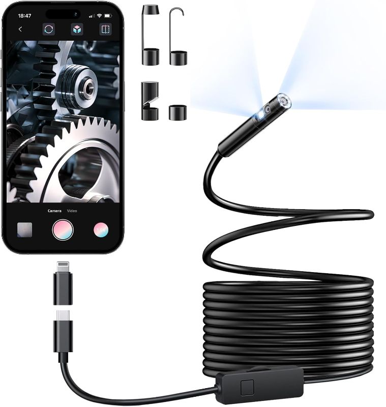 Photo 1 of [Dual-Lens] Endoscope Camera with Light, 1920P HD Borescope with 8+1 Adjustable LED Lights, IP67 Waterproof 16.5FT Semi-Rigid Snake Cord Inspection Camera for iPhone, iPad and Android Phone (Type C)