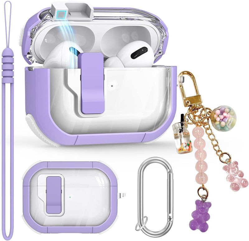 Photo 1 of Clear Case for AirPods Pro 2nd/1st Generation Case, Secure Lock Case for Apple Airpod Pro 2&1 Gen Case Cover with Silicone Wrist Strap Cute Candy Keychain for Women,Purple