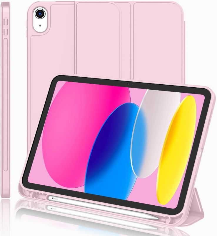 Photo 1 of iMieet New iPad 10th Generation Case 2022 10.9 Inch with Pencil Holder, Trifold Stand Smart Case with Soft TPU Back,Auto Wake/Sleep(Pink)