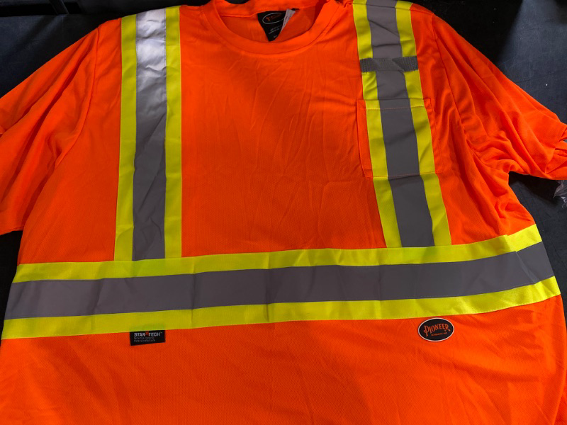 Photo 2 of 5XL Pioneer High Visibility, Lightweight, Breathable Birdseye Long Sleeved Crew Neck Safety Shirt with Chest Pocket, Hook and Loop Closure, Reflective Tape, Orange, Unisex