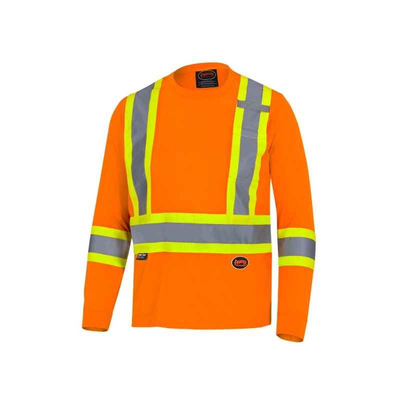 Photo 1 of 5XL Pioneer High Visibility, Lightweight, Breathable Birdseye Long Sleeved Crew Neck Safety Shirt with Chest Pocket, Hook and Loop Closure, Reflective Tape, Orange, Unisex