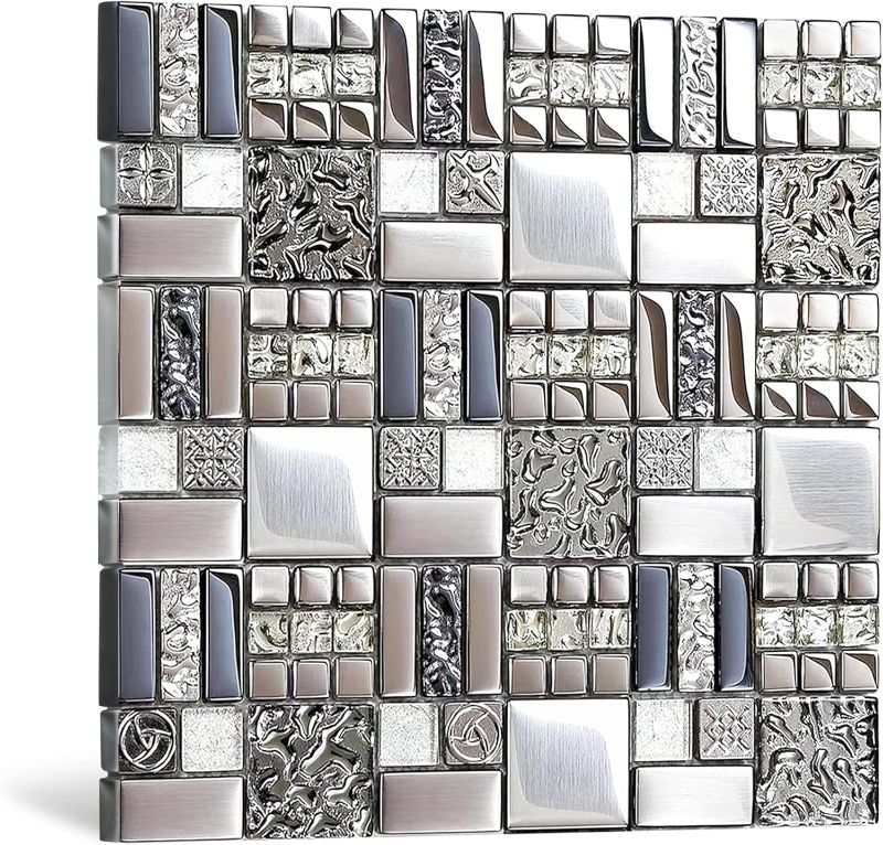 Photo 1 of Blujellyfish Metallic Glass Mosaic Tiles Silver Gray 100% Glass Tile Water Resistant for Kitchen Backsplash Bathroom Shower Accent Wall Decor TSTGT151 (5 Square Feet)