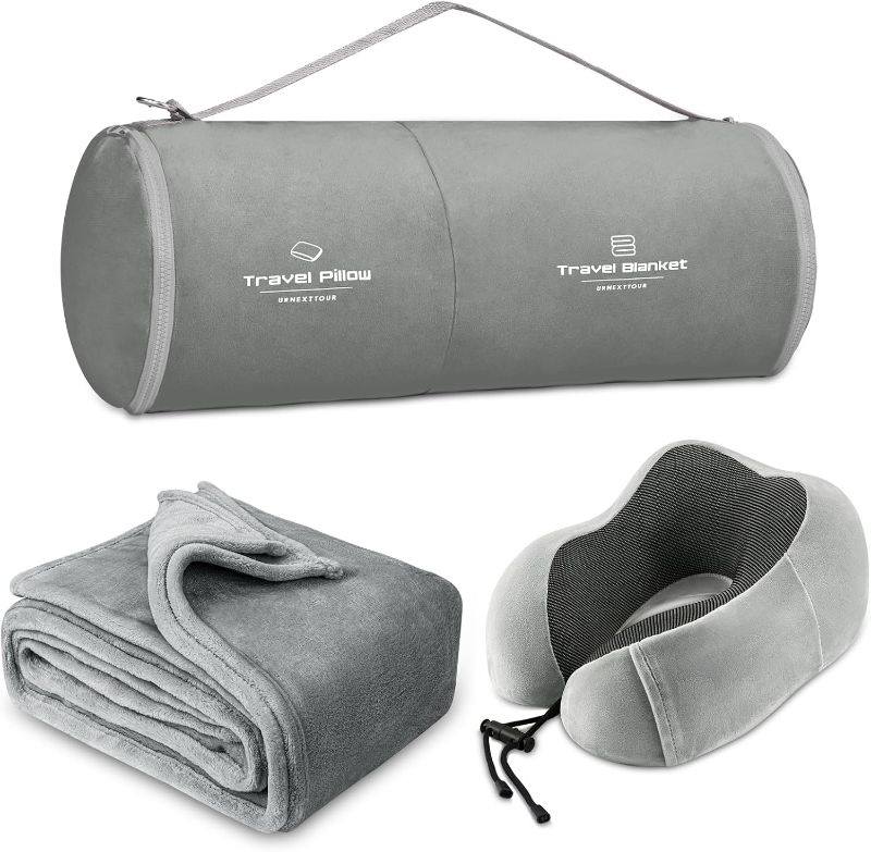 Photo 1 of Travel Pillow and Blanket Set Neck Pillow Airplane Memory Foam for Traveling Compact with Bag Grey