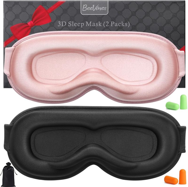 Photo 1 of BeeVines Sleep Mask, 2 Pack 100% Blackout Eye Masks for Sleep 3D Eye Mask for Women Men, Zero Eye Pressure Sleeping Mask for Side Sleepers, Eye Shade Cover Includes Travel Pouch (001 Black & Pink)