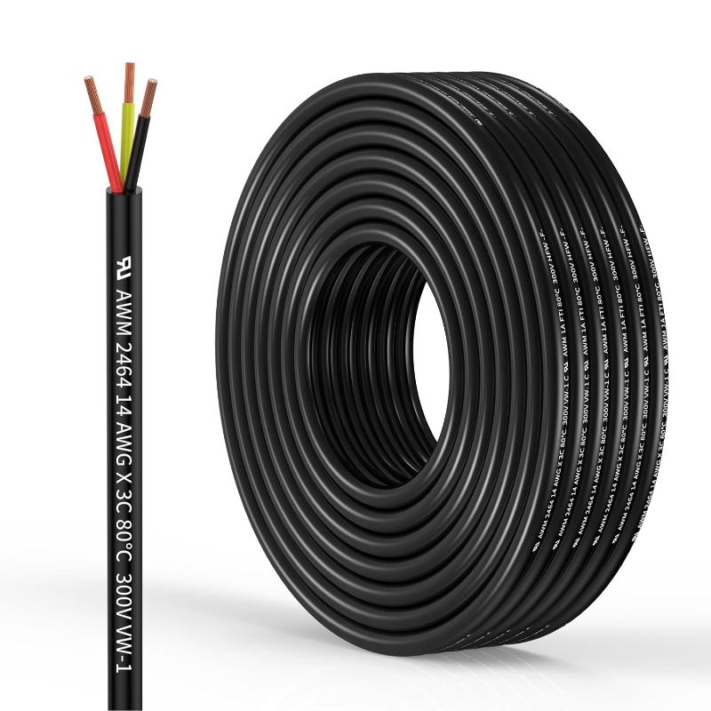 Photo 1 of 14 Gauge 3 Conductor Electrical Wire Oxygen-Free Copper Cable 50FT/15.3M Flexible Low Voltage Cable for LED Strips Lamps Lighting Residential Wiring car Circuit(14/3AWG-50FT)