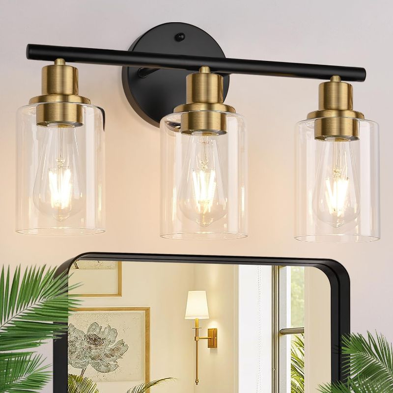 Photo 1 of 3-Light Bathroom Light Fixtures, Black and Gold Bathroom Wall Lights, Modern Bathroom Vanity Light with Clear Glass Shade, Bathroom Wall Lamp for Mirror Kitchen Bedroom Hallway Cabinet