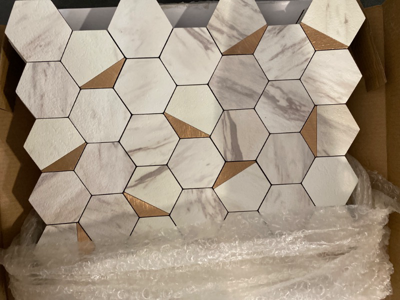 Photo 2 of 10-Sheet Hexagon Peel and Stick Backsplash Tile,12x12 inches Carla White Mixed Metal 3D PVC Wall Tiles Stick on Backsplash for Kitchen and Bathroom