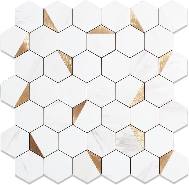 Photo 1 of 10-Sheet Hexagon Peel and Stick Backsplash Tile,12x12 inches Carla White Mixed Metal 3D PVC Wall Tiles Stick on Backsplash for Kitchen and Bathroom