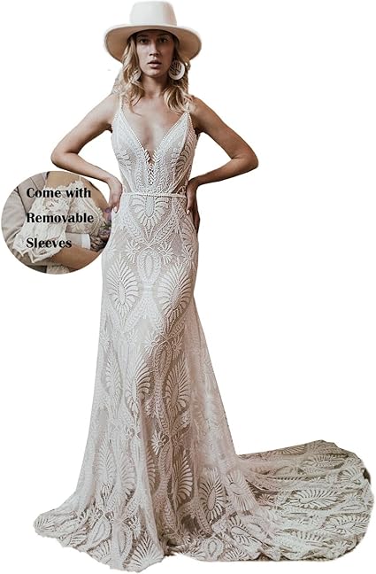 Photo 1 of Size 3/4 Women's Boho Lace Wedding Dress Cold Shoulder Sleeves V Neck Sheath Long Casual Beach Bridal Gowns