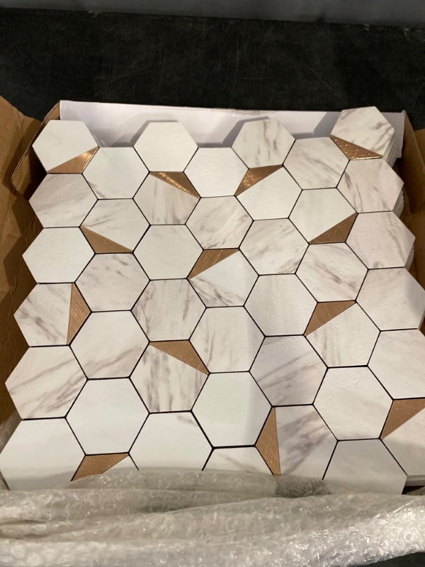 Photo 2 of 10-Sheet Hexagon Peel and Stick Backsplash Tile,12x12 inches Carla White Mixed Metal 3D PVC Wall Tiles Stick on Backsplash for Kitchen and Bathroom