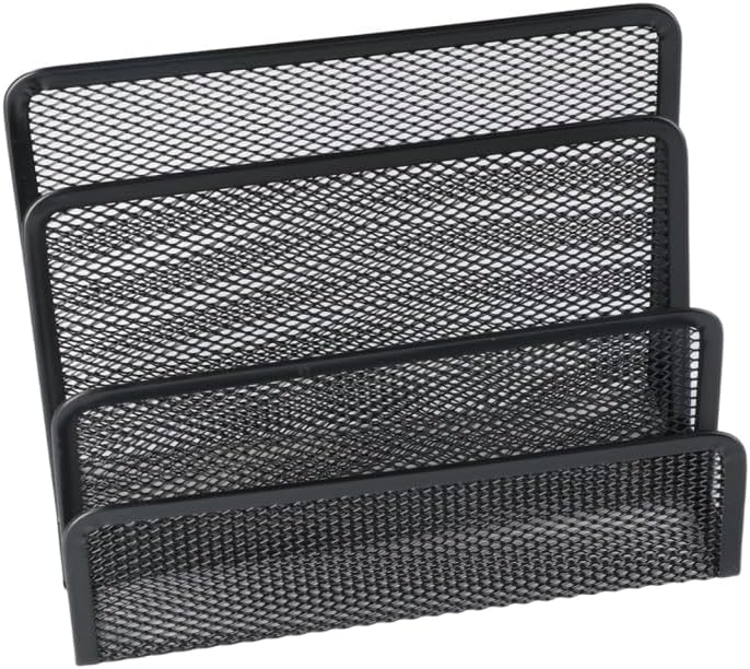 Photo 1 of Black Metal Mesh Desk Mail Organizer, Small File Holders Letter Organizer, Bookends Book Holder with 3 Vertical Upright Compartments