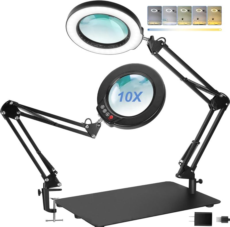 Photo 1 of 10X Magnifying Glass with Light and Stand, Large Base Magnifying Desk Lamp with Clamp, 5 Color Mode Stepless Dimming LED Lighted Magnifier Hands Free for Detail Work Craft Reading Repair Cross Stitch