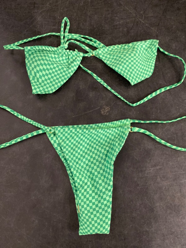 Photo 1 of XS Women Leisure Halter Plaid Tie Side Bikini Swimwear Green 