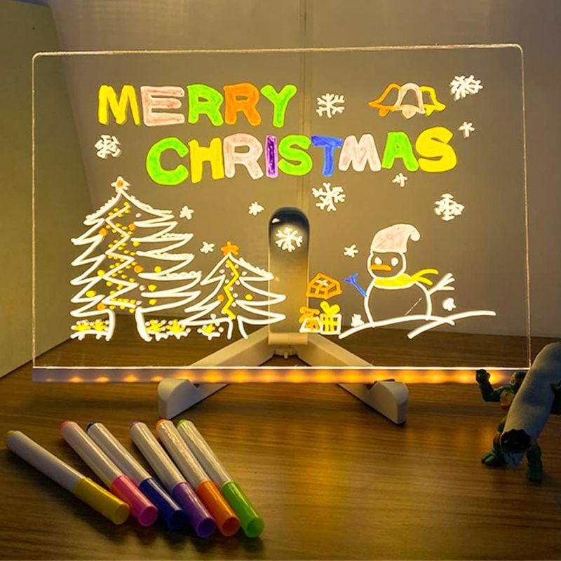 Photo 1 of Acrylic Dry Erase White Board 12” x 8” Clear Desktop Whiteboard with Light Up Stand for Desk LED Letter Message Board with 7 Colors Pens