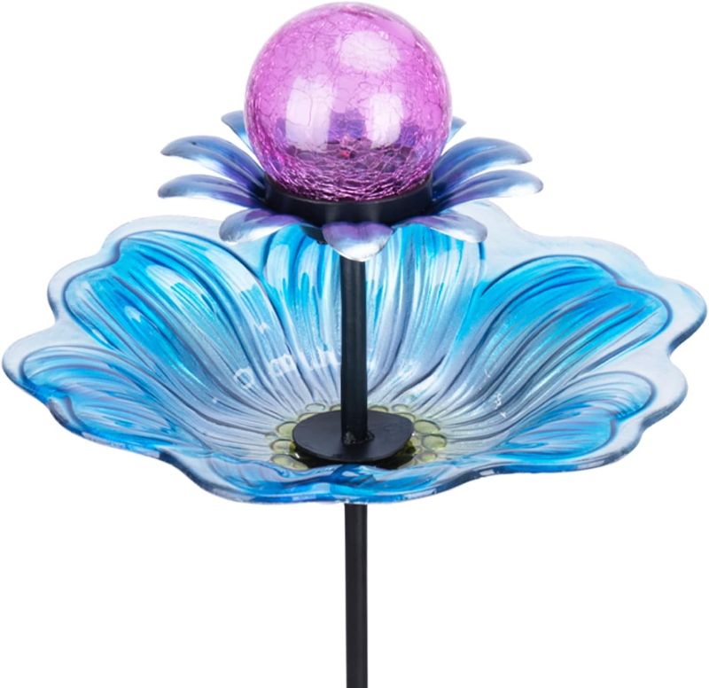 Photo 1 of Glass Bird Baths for Outdoors, Flower Bird Baths Bowl with Solar Crackle Glass Globe Lights Decorations for Outdoor Garden Yard Lawn Outside, Blue