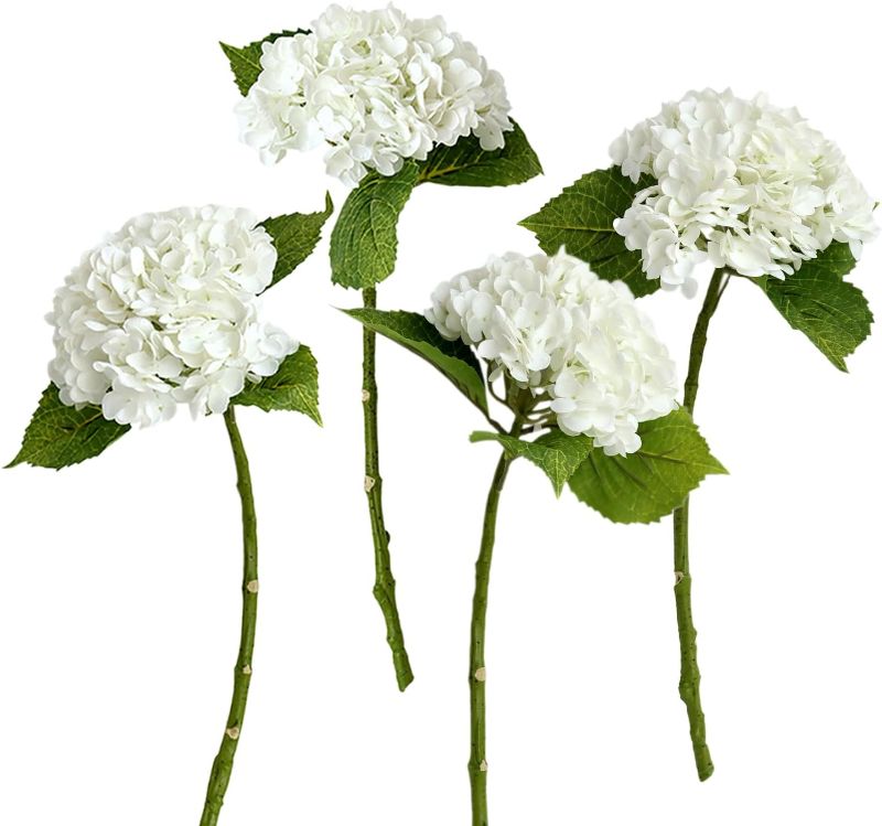 Photo 1 of 4pcs 21" Faux White Hydrangeas Artificial Flowers, Real Touch Silk Hydrangea Flowers with Stems for Bridal Wedding Bouquet Party Home Decor