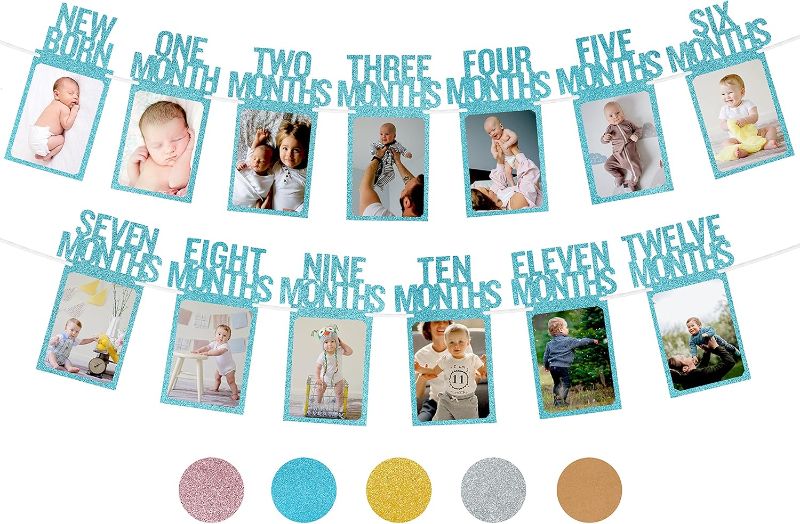 Photo 1 of  1st Birthday Photo Banner for Baby from Newborn to 12 Months, First Birthday Decorations for Boys Monthly Milestones Garland | First Birthday Photo Banner Pre-strung with Frame (Blue)