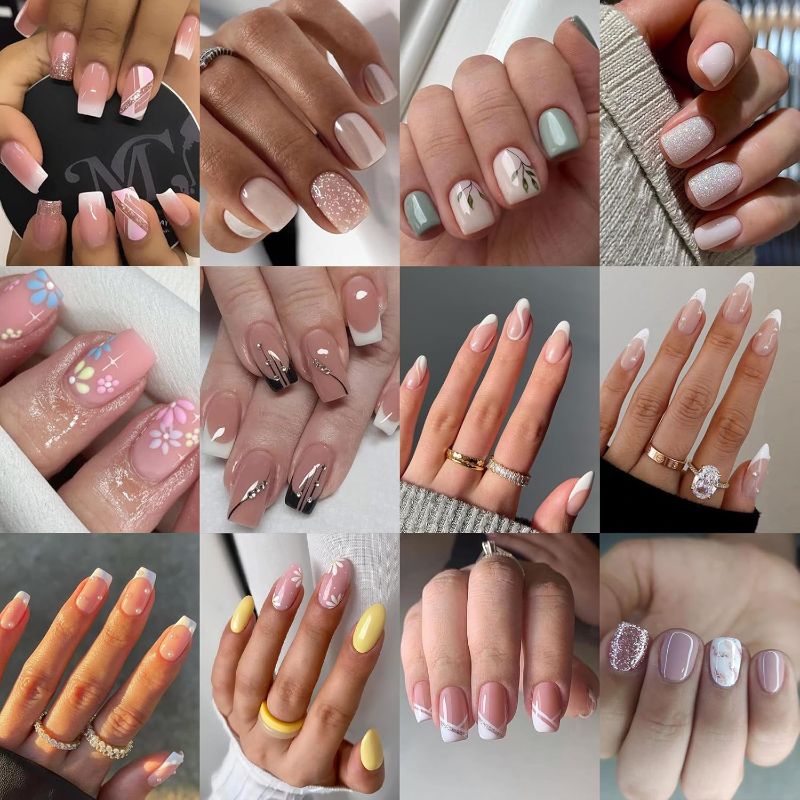 Photo 1 of 12 Pack 288Pcs Press on Nails Medium And Short - OPkssnails French Tip Press On Nails Square,Reusable Glue On Nails, Gel Fake Nails for Women