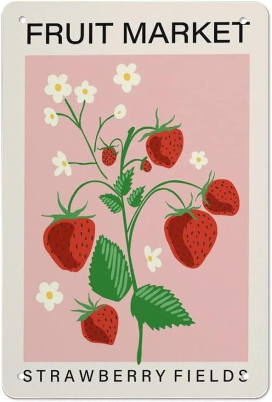 Photo 1 of Flyhaw Fruit Market tin Sign Strawberry Fruit Print Kitchen Art Print Food Art Pink Home Decor Dining Room Retro Signs Home Decoration Gifts for Mom Dad and Friends Metal Tin Sign 8x12 Inch