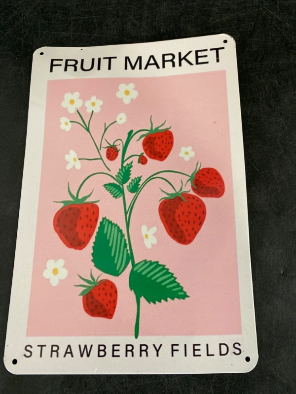 Photo 2 of Fruit Market tin Sign Strawberry Fruit Print Kitchen Art Print Food Art Pink Home Decor Dining Room Retro Signs Home Decoration Gifts for Mom Dad and Friends Metal Tin Sign 8x12 Inch