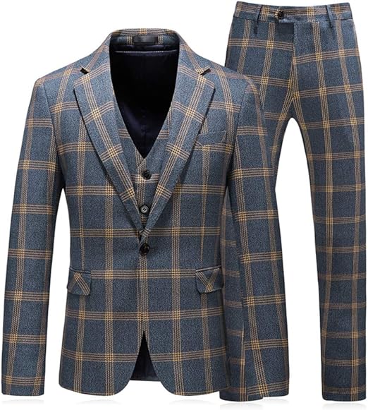 Photo 1 of Blazer 44 / Pants 40 Yellow MOGU Mens 3 Piece One Button Slim Fit Windowpane Suits 