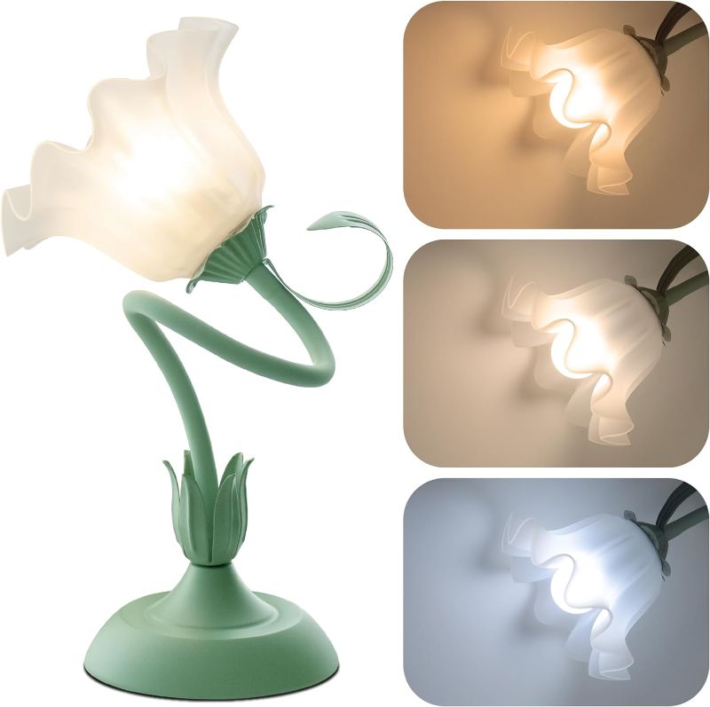 Photo 1 of Modern Flower Table Lamp for Bedroom,  3 Colors Modes Lily of The Valley Bedside Lamp with E26 Bulb Gooseneck Nightstand Lamp for Living Room Office Reading