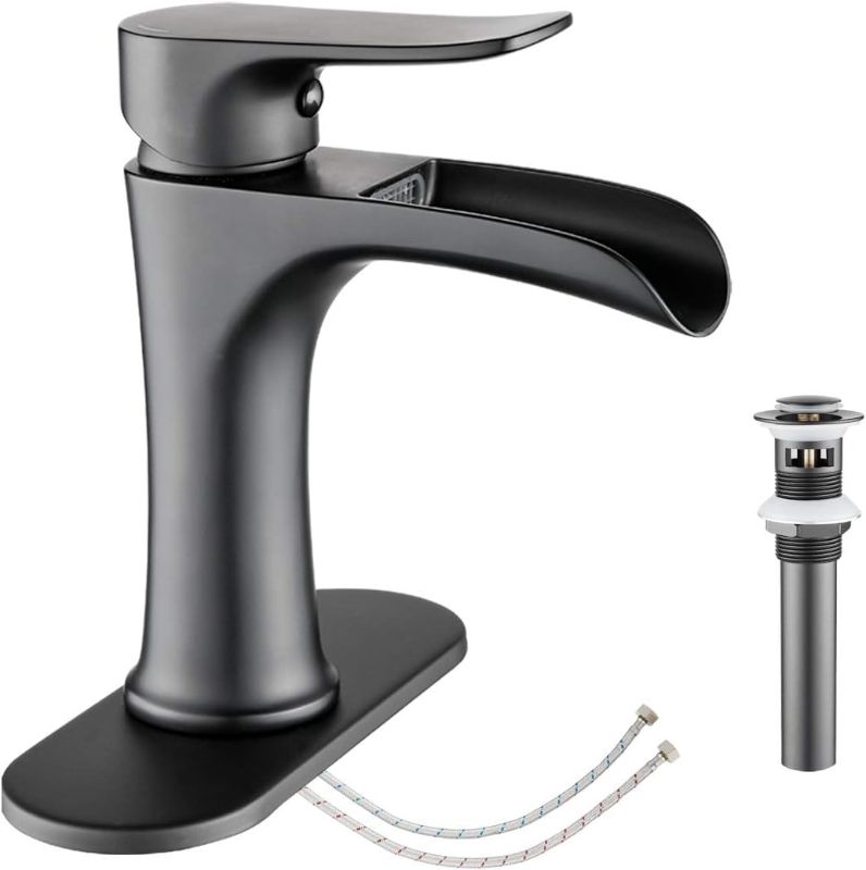 Photo 1 of Waterfall Bathroom Faucet Black YUNDOOM Matte Black with Pop Up Drain Single Handle One Hole or Three Holes Vanity Farmhouse RV Vessel Basin Faucet Deck Mount