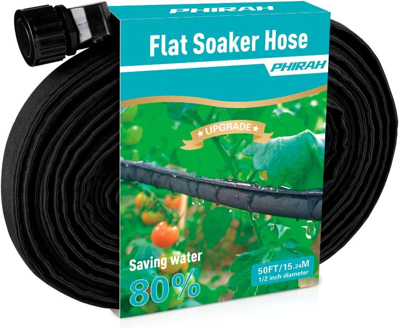 Photo 1 of Flat Soaker Hose for Garden Bed,25 50 75ft 50ft*2 1/2" Linkable Consistent Drip Irrigation Hose Save 80% Water Leakproof Heavy Duty Double Layer Sprinkler Garden Hose with Holes (50FT)