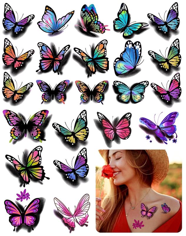 Photo 1 of 3D Butterflies and Flowers Temporary Stickers Tattoo, Colorful Body Art Tattoos for Women Kids, 126Pcs