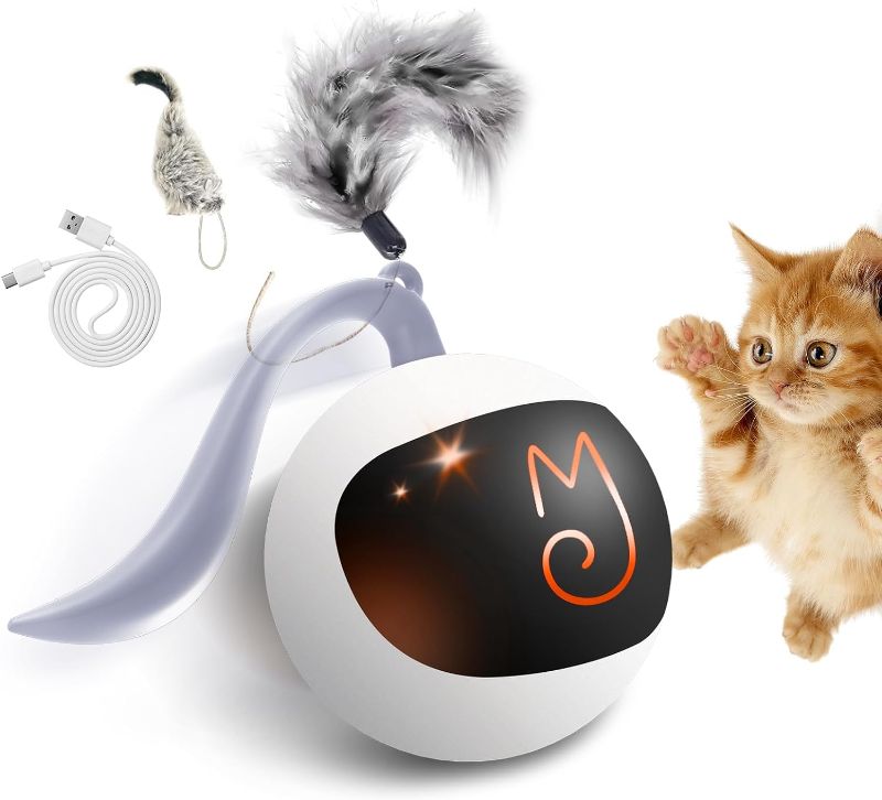 Photo 1 of Migipaws Interactive Cat Ball Toy Set, Fun Tracker, Automatic Rolling Chase Ball with Fluffy Tail, A Small Mice, Rechargeable White