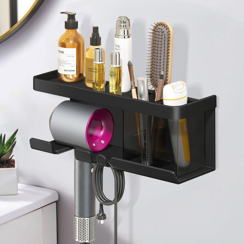 Photo 1 of Hair Dryer Holder, Blow Dryer Organizer, Hair Dryer Holder Wall Mounted with Shelf for Bathroom, Salon, Bedroom Organizers & Storage(Matte Black)