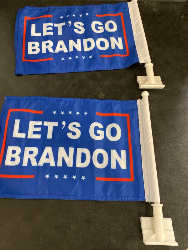 Photo 2 of 2 Pack Car Flags, Lets Go Brandon Flag Car Flag Outdoor and Car Flag Pole, Car Logo Window Clip Can be Clipped to Most Windows 14 inch Flag Pole and 16 x 10 inch Double Sided Flag