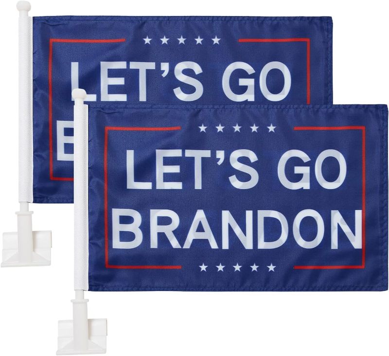 Photo 1 of 2 Pack Car Flags, Lets Go Brandon Flag Car Flag Outdoor and Car Flag Pole, Car Logo Window Clip Can be Clipped to Most Windows 14 inch Flag Pole and 16 x 10 inch Double Sided Flag