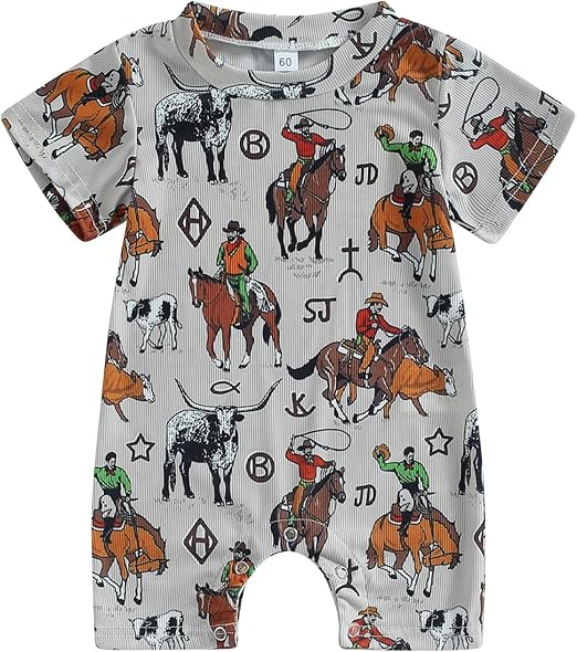 Photo 1 of 6 months to 12 months Country Baby Clothes Boy Girl Western Cow Print Short Sleeve Romper Bodysuit Ribbed One Piece Jumpsuit Summer Outfit