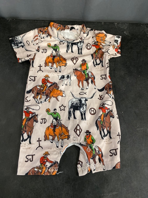 Photo 2 of 6 months to 12 months Country Baby Clothes Boy Girl Western Cow Print Short Sleeve Romper Bodysuit Ribbed One Piece Jumpsuit Summer Outfit