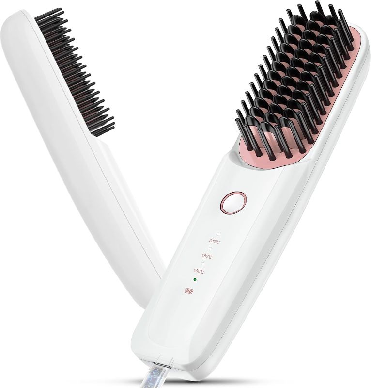 Photo 1 of Cordless Hair Straightener Brush, Portable Straightening Brush for Travel, 6400 mAh USB-C Rechargeable, Mini Ionic Hot Comb Straightener for Women, Lightweight Anti-Scald Heated Styling Brush