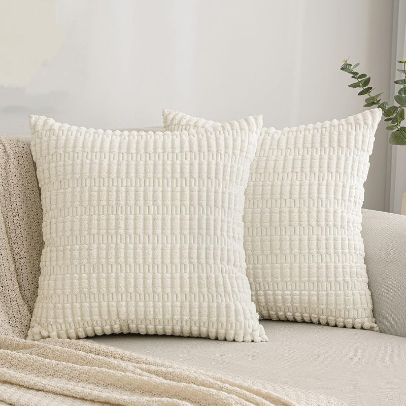 Photo 1 of Corduroy Decorative Throw Pillow Covers 18x18 Inch Soft Striped Corduroy Square Cushion Case Boho Home Decor for Living Room Couch Bed Sofa Farmhouse, Pack of 2, White 18x18