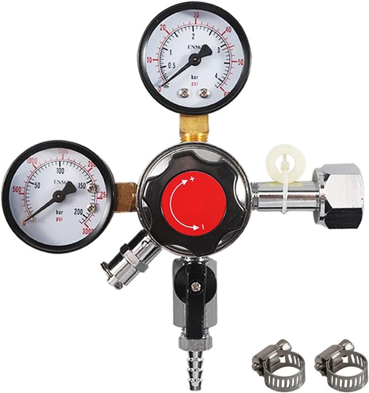 Photo 1 of Beer Keg CO2 CGA320 Regulator PERA Brand Kegerator Cornelius Dual Gauge Keg Gas Regulator with Pressure Adjustment Knob and Safety Pressure Valve CGA-320 Inlet for Beer Home Brewing