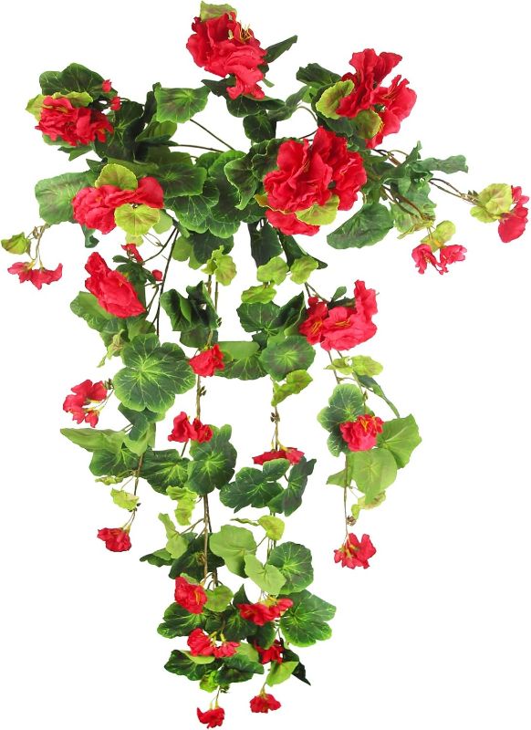 Photo 1 of Artificial Hanging Flower Geranium Basket Faux Flowers Geranium Hanging Artificial Vine Silk Geranium Flowers Red Teardrop Flower Swag for Wall Patio Lawn Garden Wedding Indoor Outdoor Decor