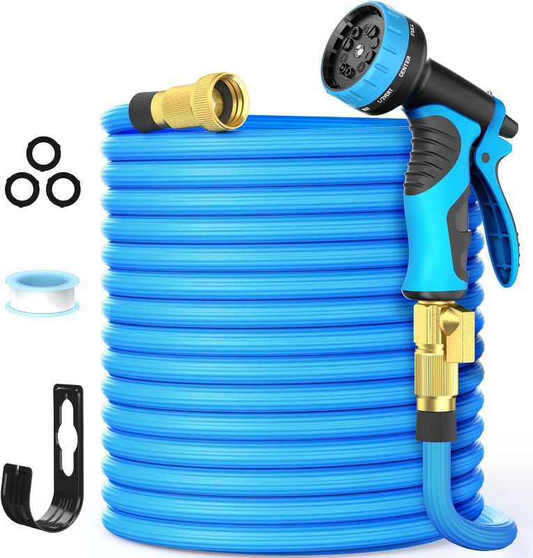 Photo 1 of Expandable Garden Hose 50 ft, Flexible Water Hose with 10 Function Spray Hose Nozzle, Lightweight & No-kink Leakproof Hose, Blue